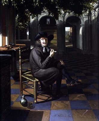Gentiluomo che fuma in un cortile ombreggiato da Matthys Naiveu
